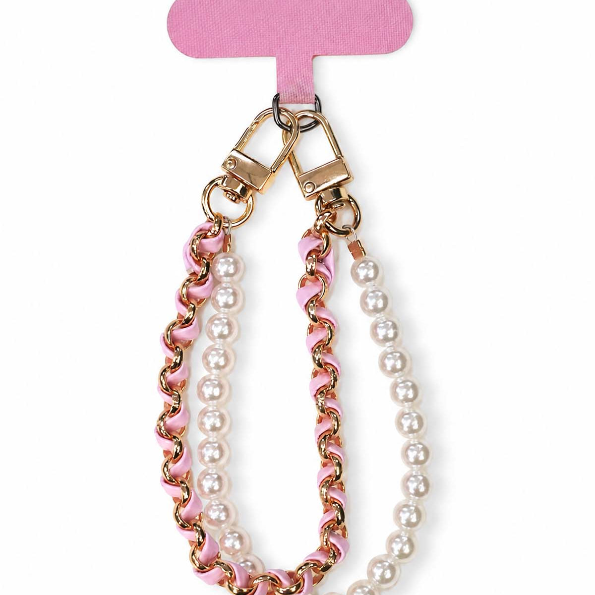 Pink leather pearl double chain phone charm