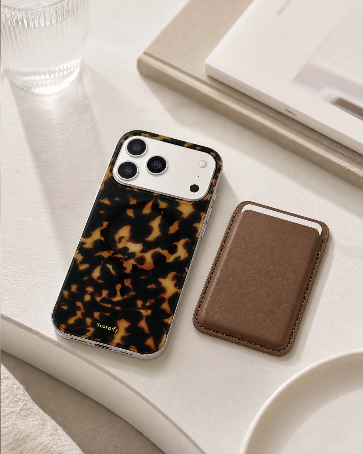 Classic brown phone wallet with tortoiseshell iPhone case