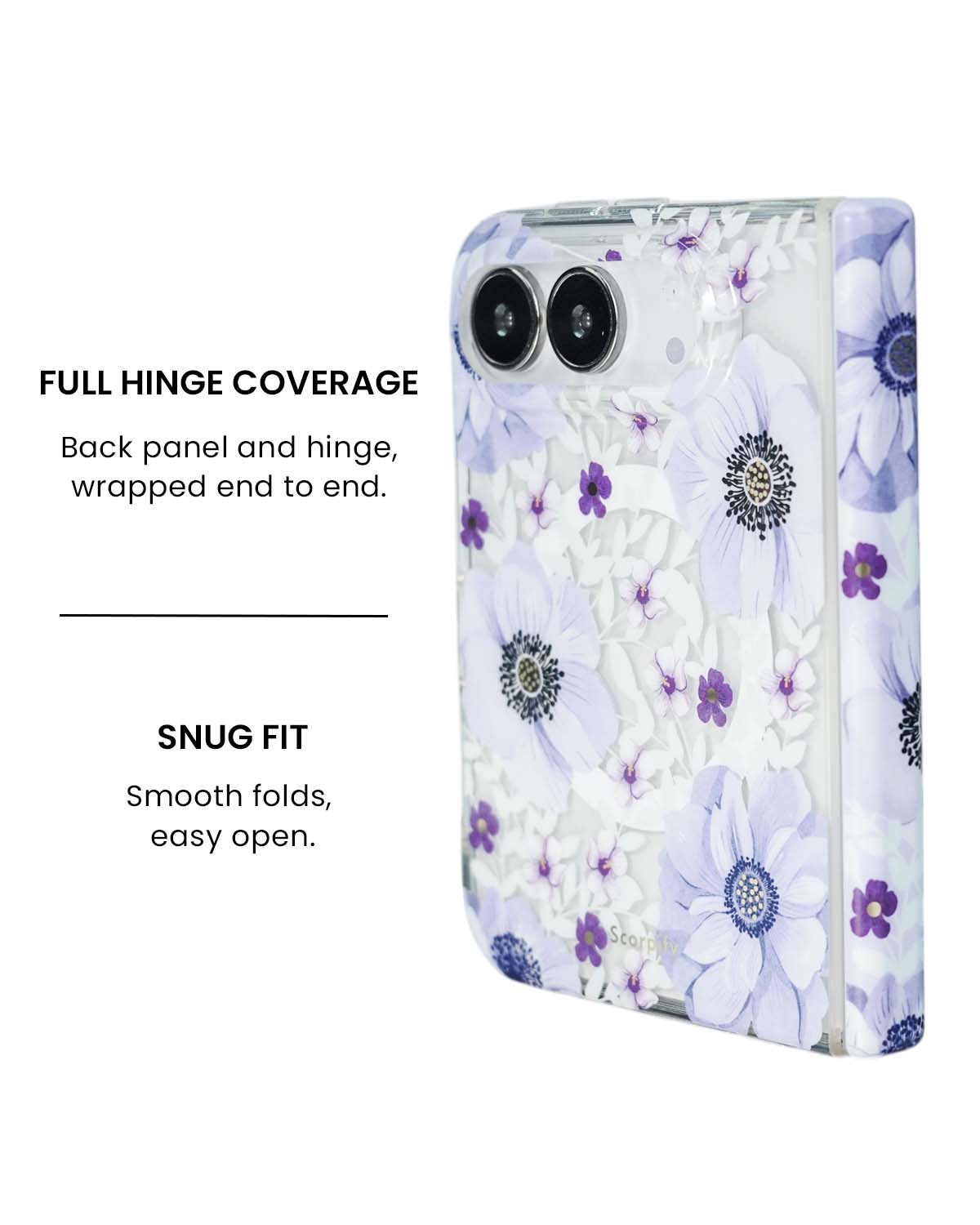 Full hinge coverage view of Purple anemone floral print iPhone Duo case