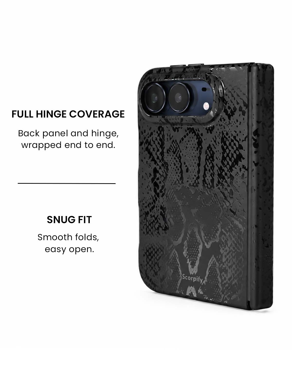 Full hinge coverage view of Matte black snake print iPhone Duo case