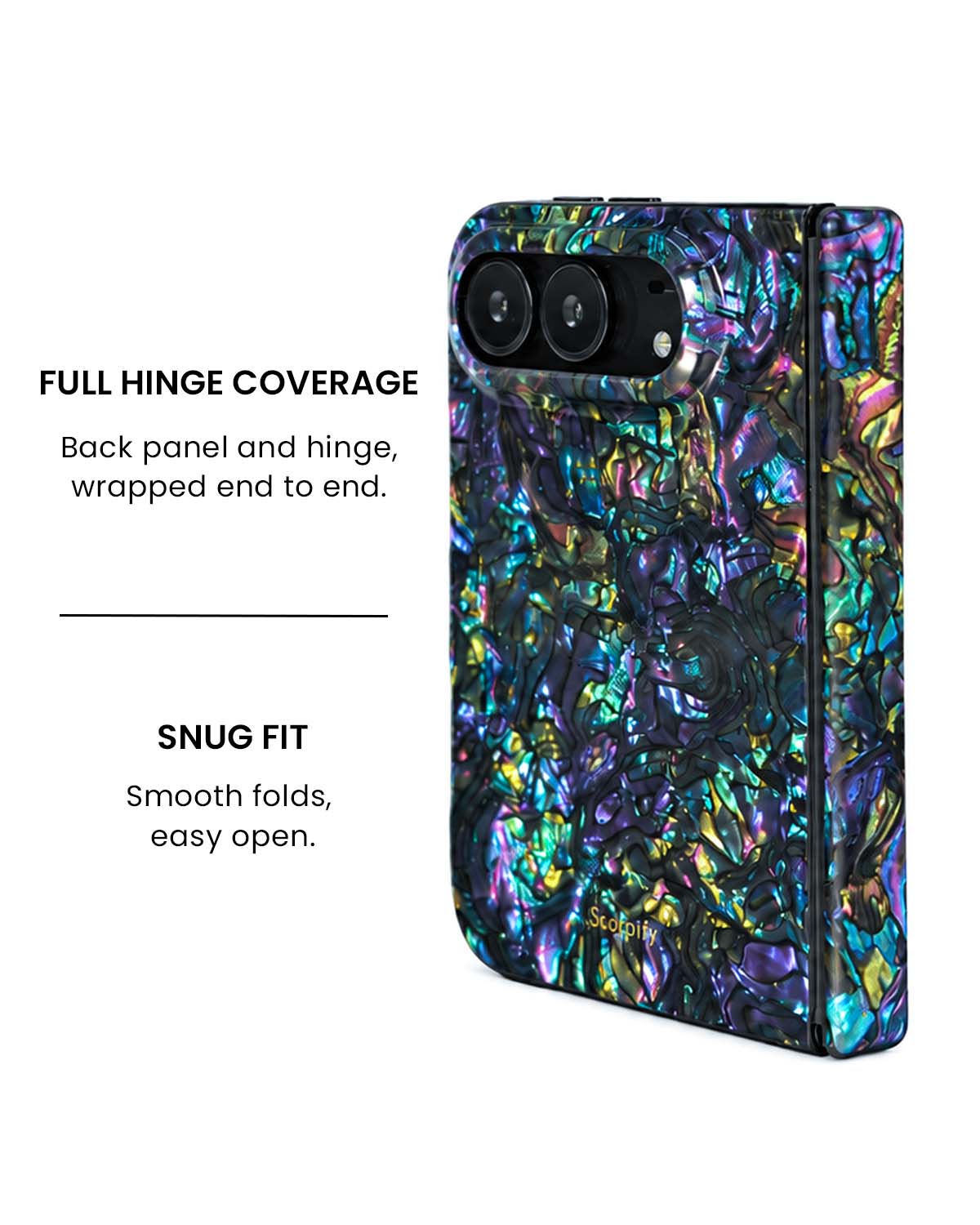 Full hinge coverage view of Mystic abalone shell print iPhone Duo case
