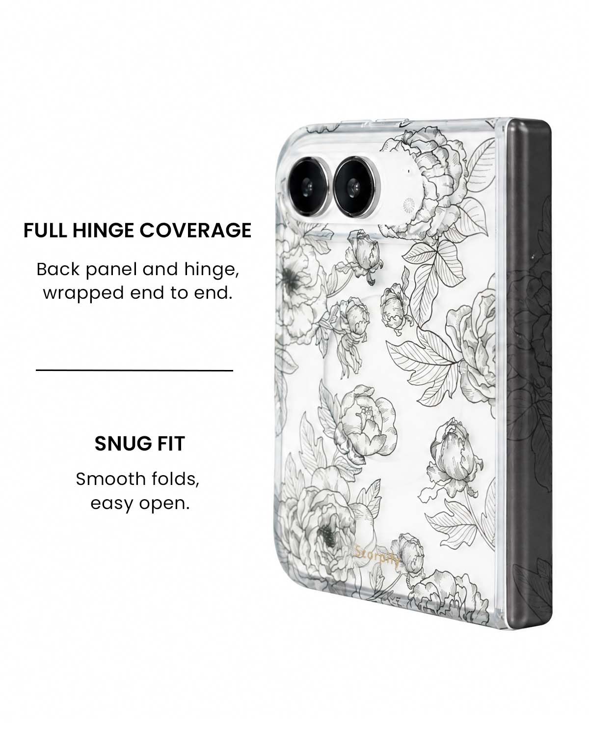 Full hinge coverage view of Black line art floral print iPhone Duo case