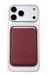 Wine red phone wallet attached below iPhone camera