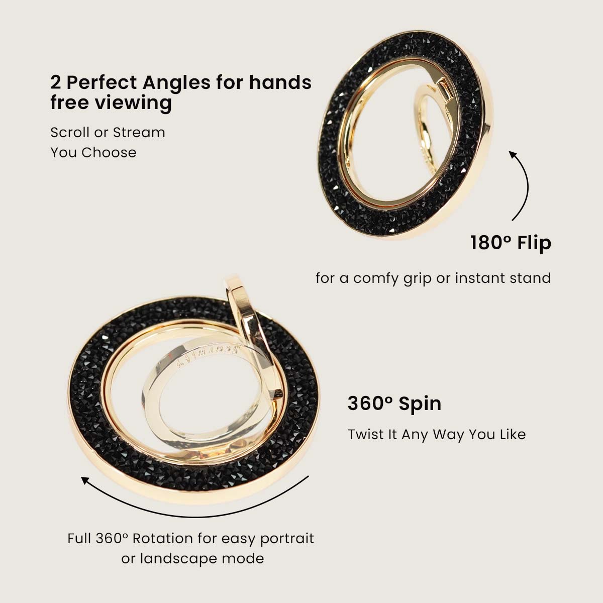 Noir Crystal Radiance Ring Holder showing 360-degree rotation feature