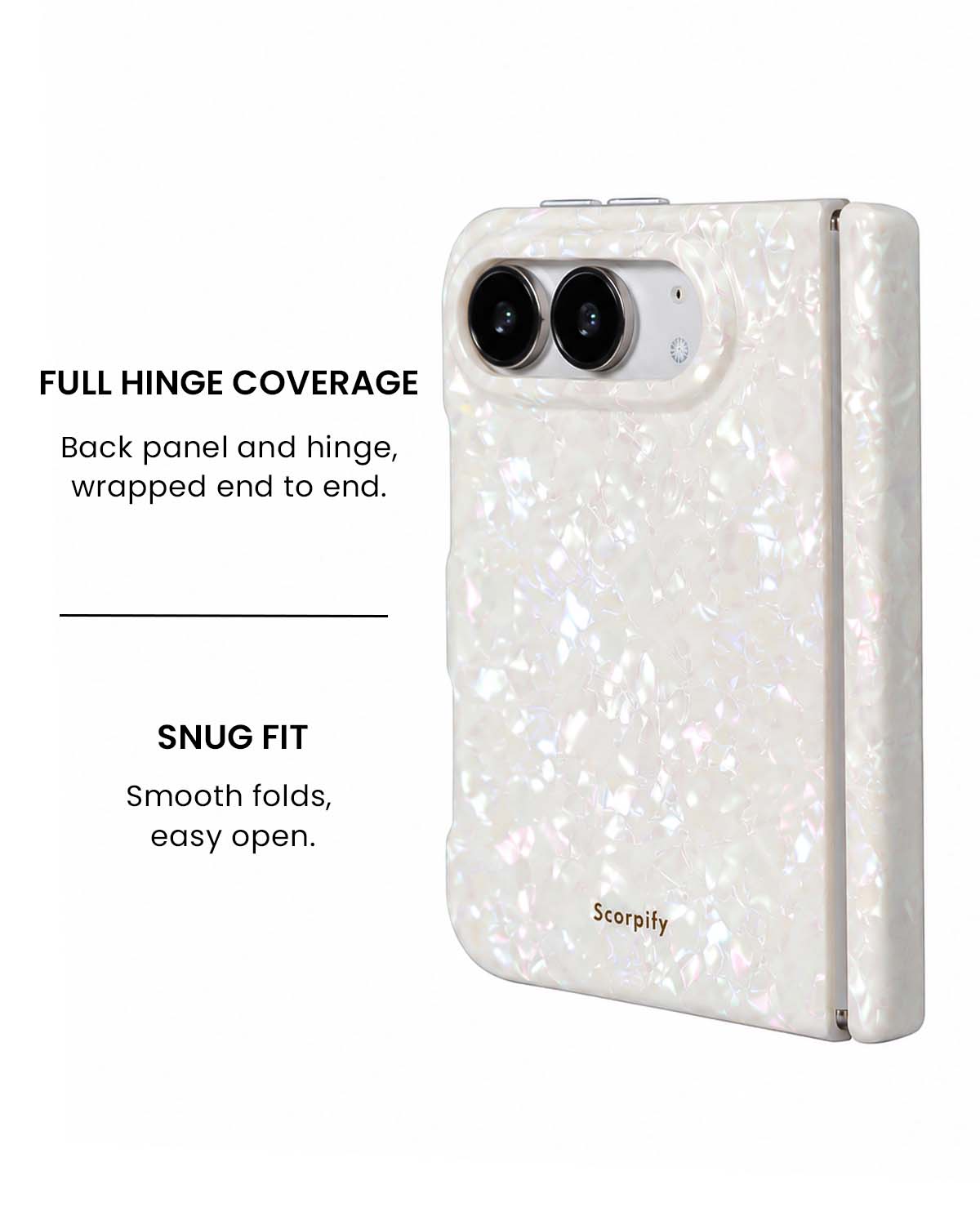 Full hinge coverage view of Colorful mother-of-pearl iPhone Duo case