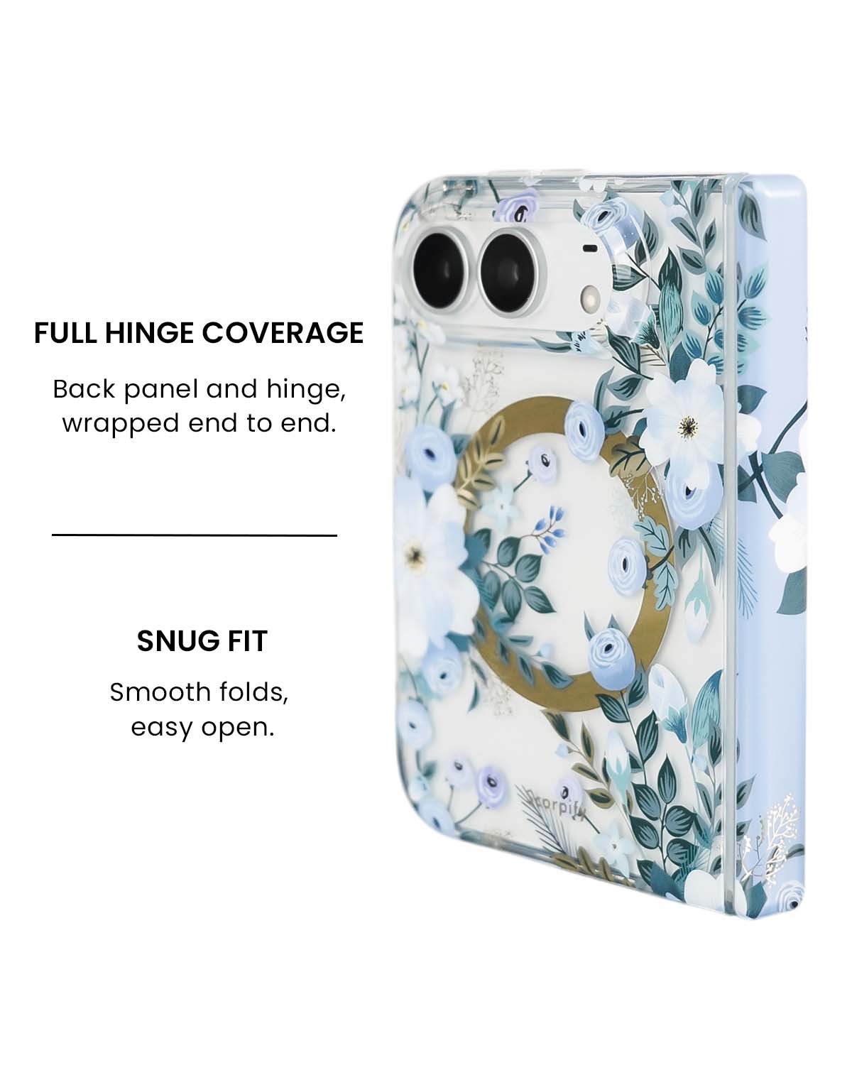 Full hinge coverage view of Blue Nemophila floral print iPhone Duo case