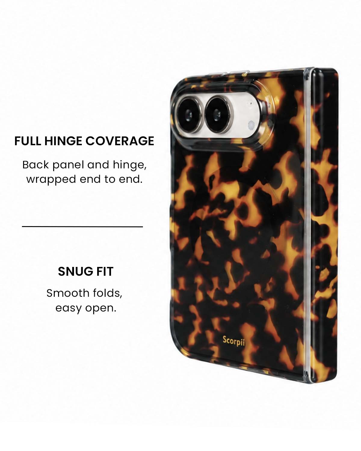 Full hinge coverage view of Dark brown tortoise shell iPhone Duo case