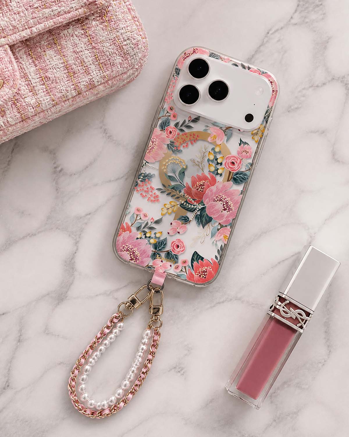Beaded phone charm with soft pink leather accents