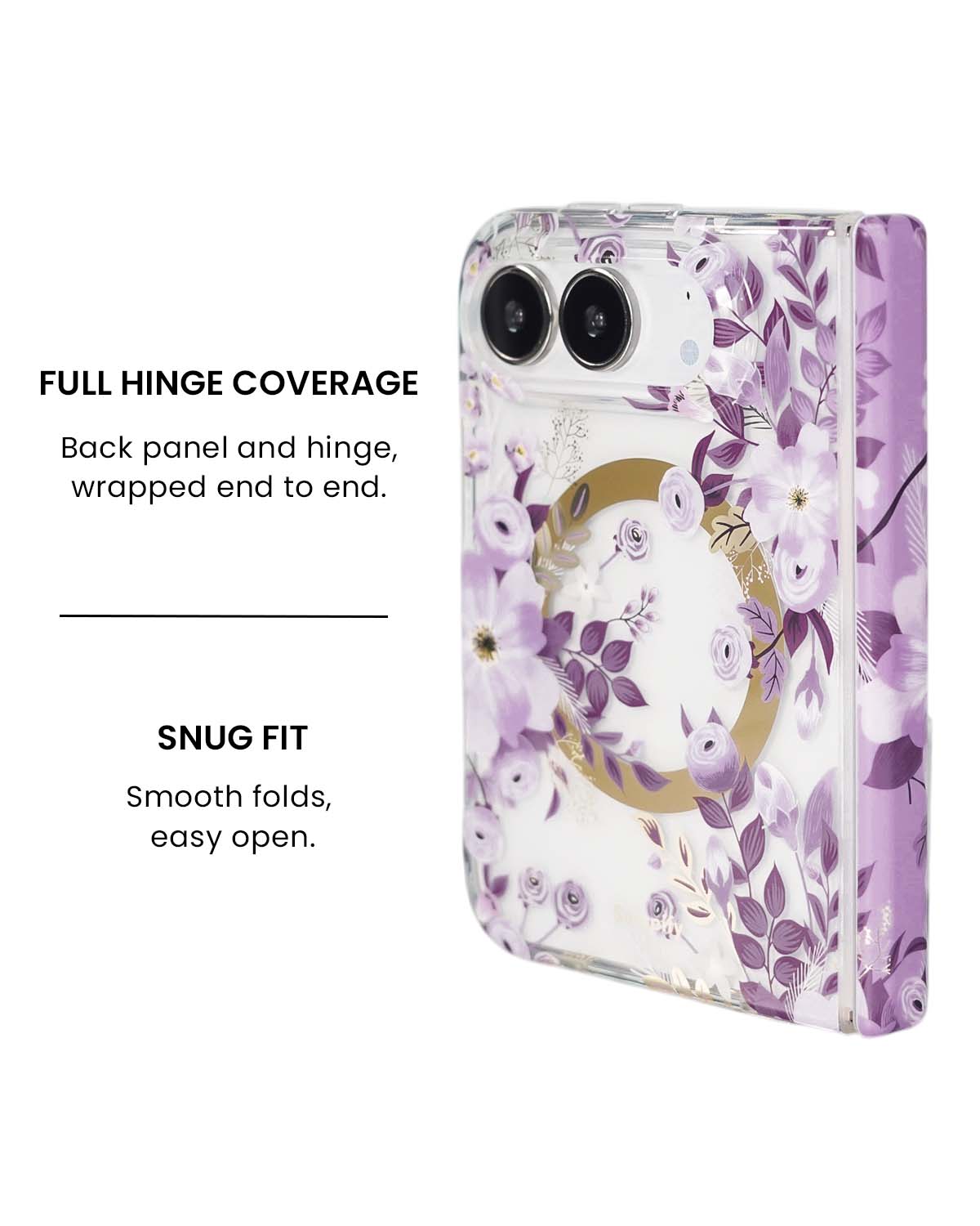 Full hinge coverage view of Purple Nemophila floral print iPhone Duo case