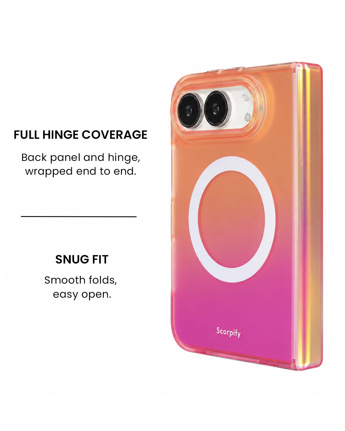Full hinge coverage view of Iridescent orange-to-pink cosmic gradient iPhone Duo case