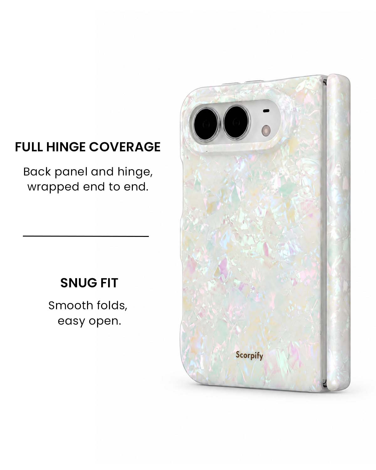 Full hinge coverage view of Colorful mother-of-pearl iPhone Duo case