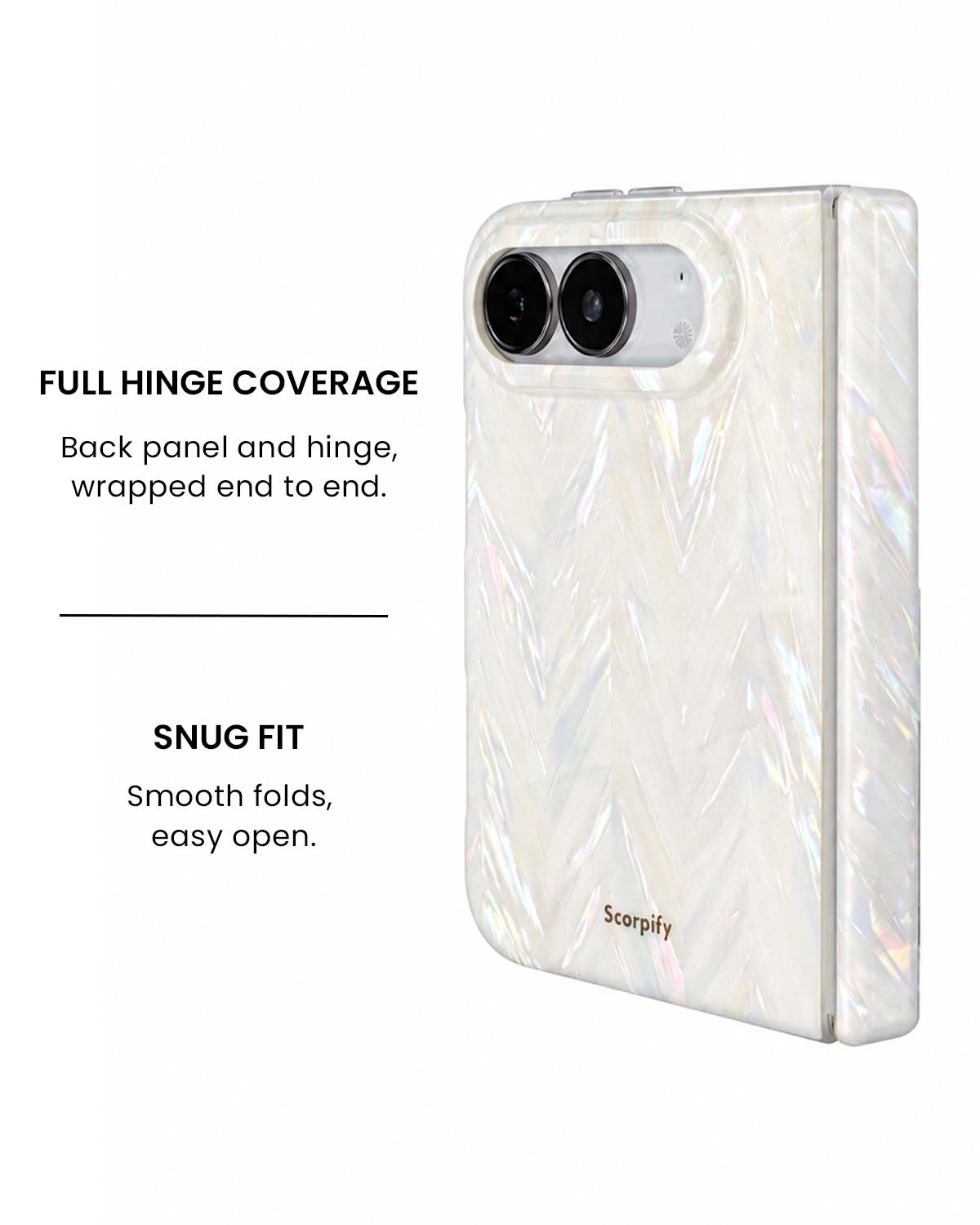 Full hinge coverage view of Iridescent aurora herringbone iPhone Duo case