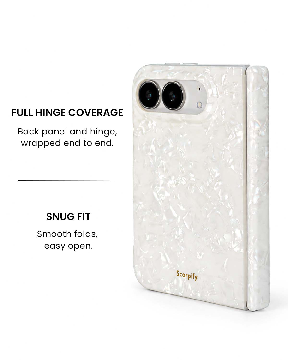 Full hinge coverage view of White mother-of-pearl iPhone Duo case