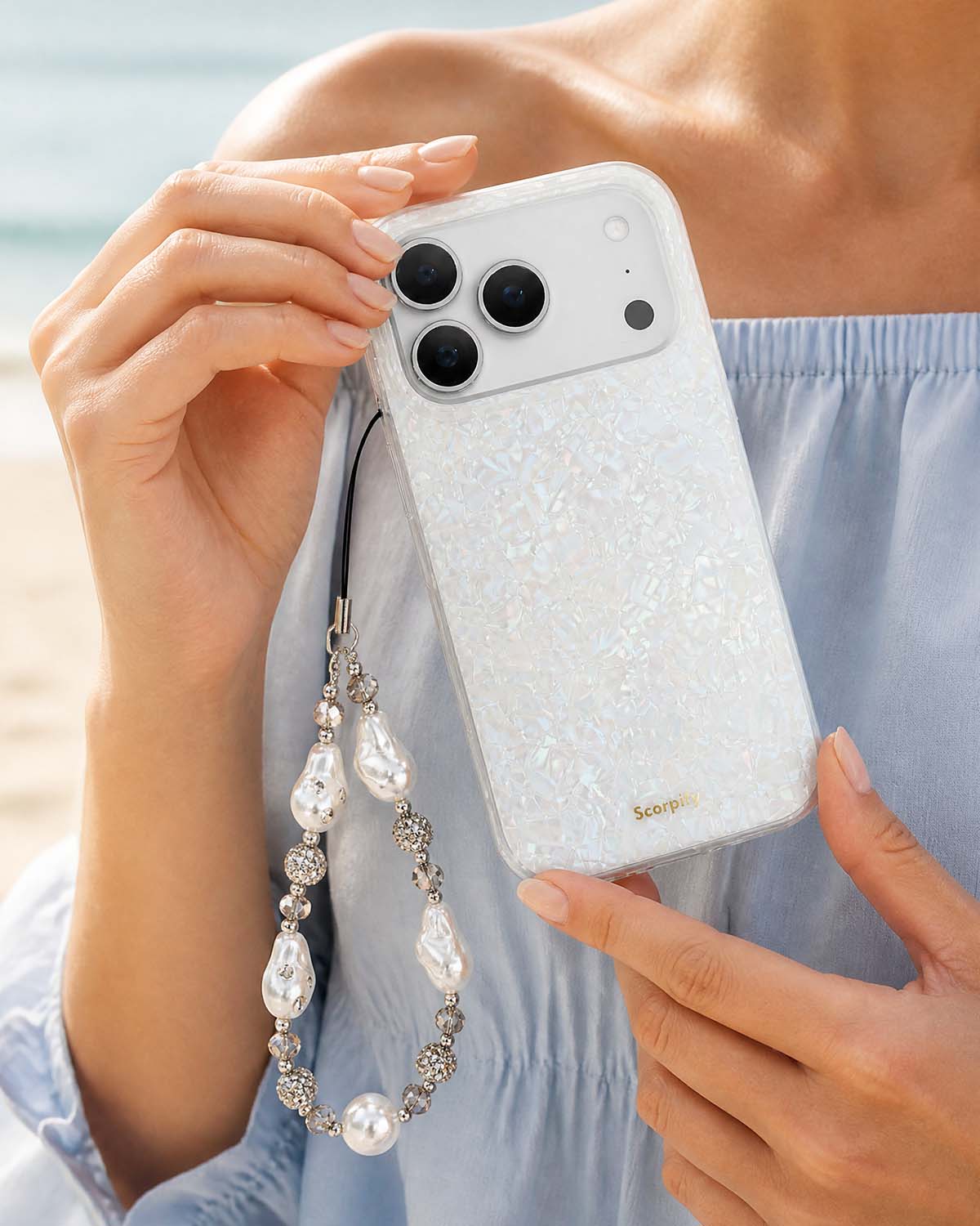 Decorative beaded phone charm with elegant texture