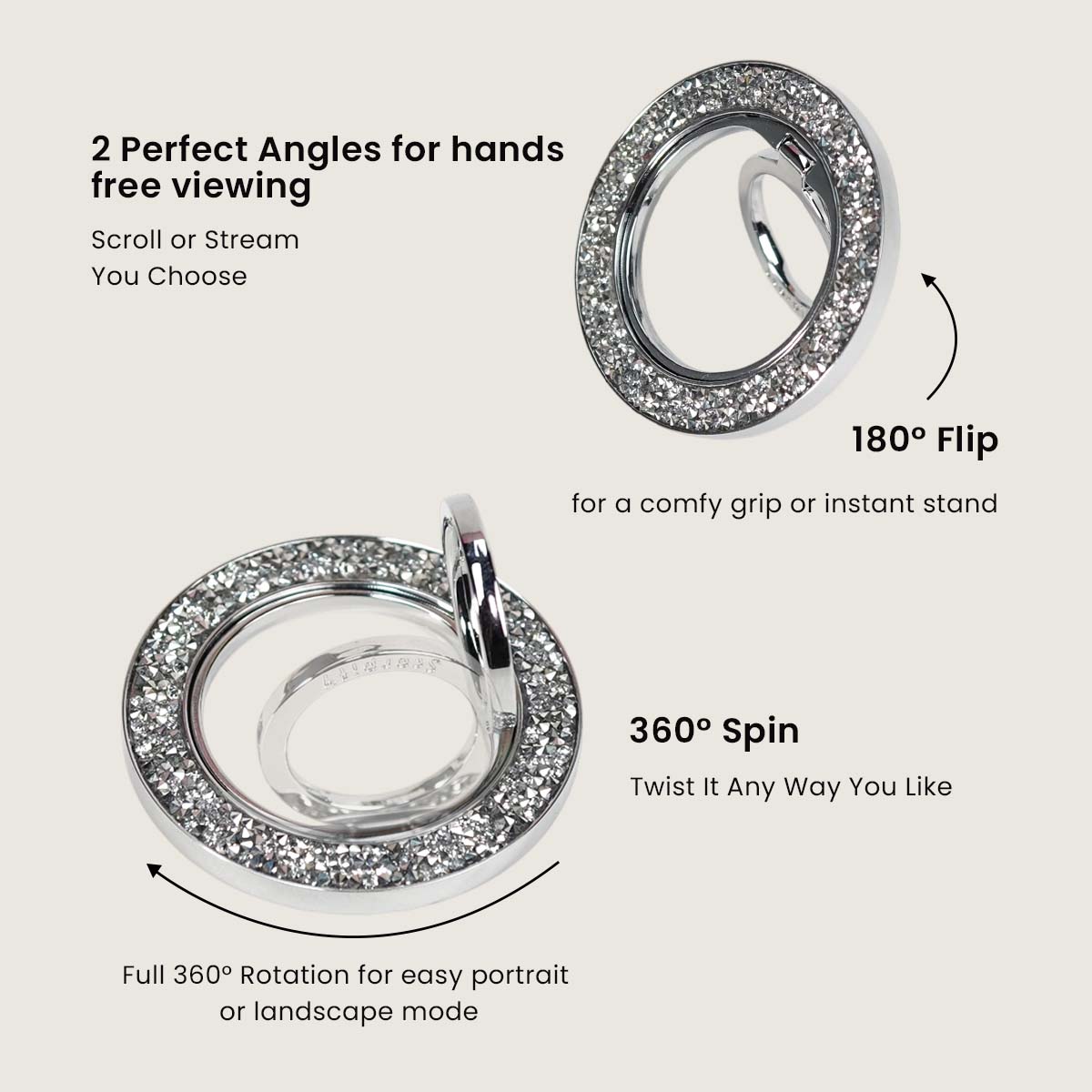 Lunar Crystal Radiance Ring Holder showing 360-degree rotation feature