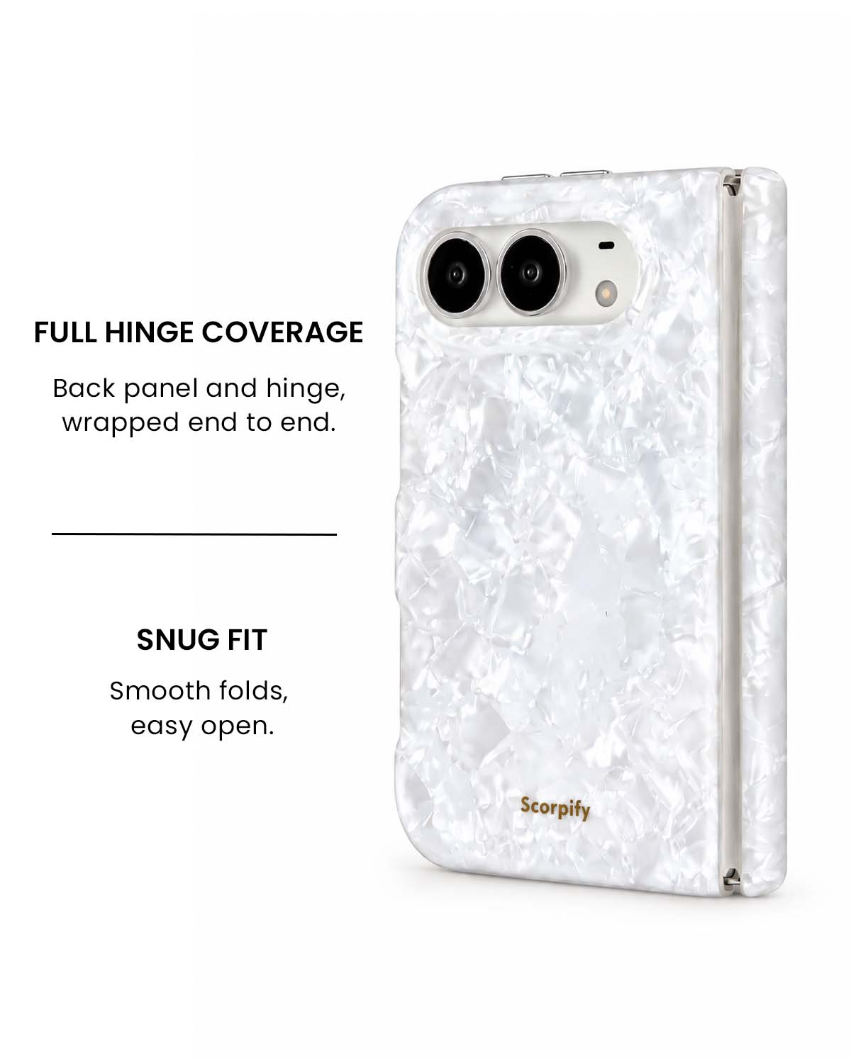 Full hinge coverage view of White mother-of-pearl iPhone Duo case