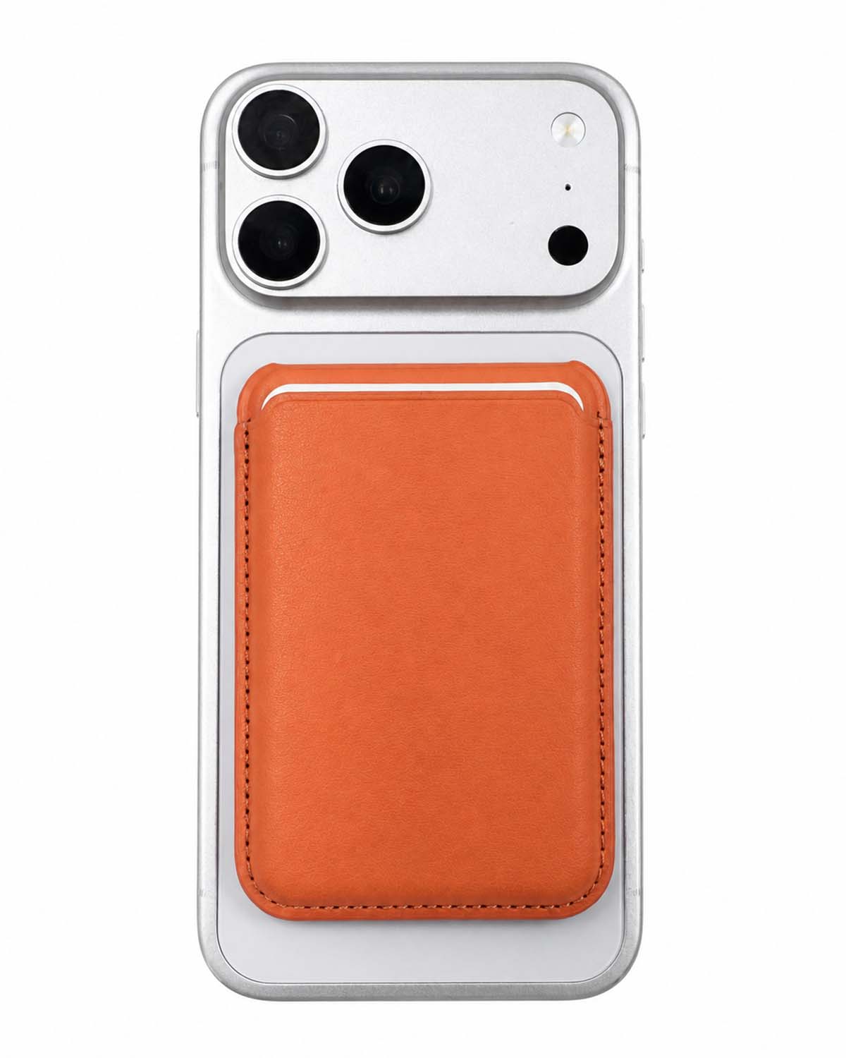Cosmic orange phone wallet attached below iPhone camera