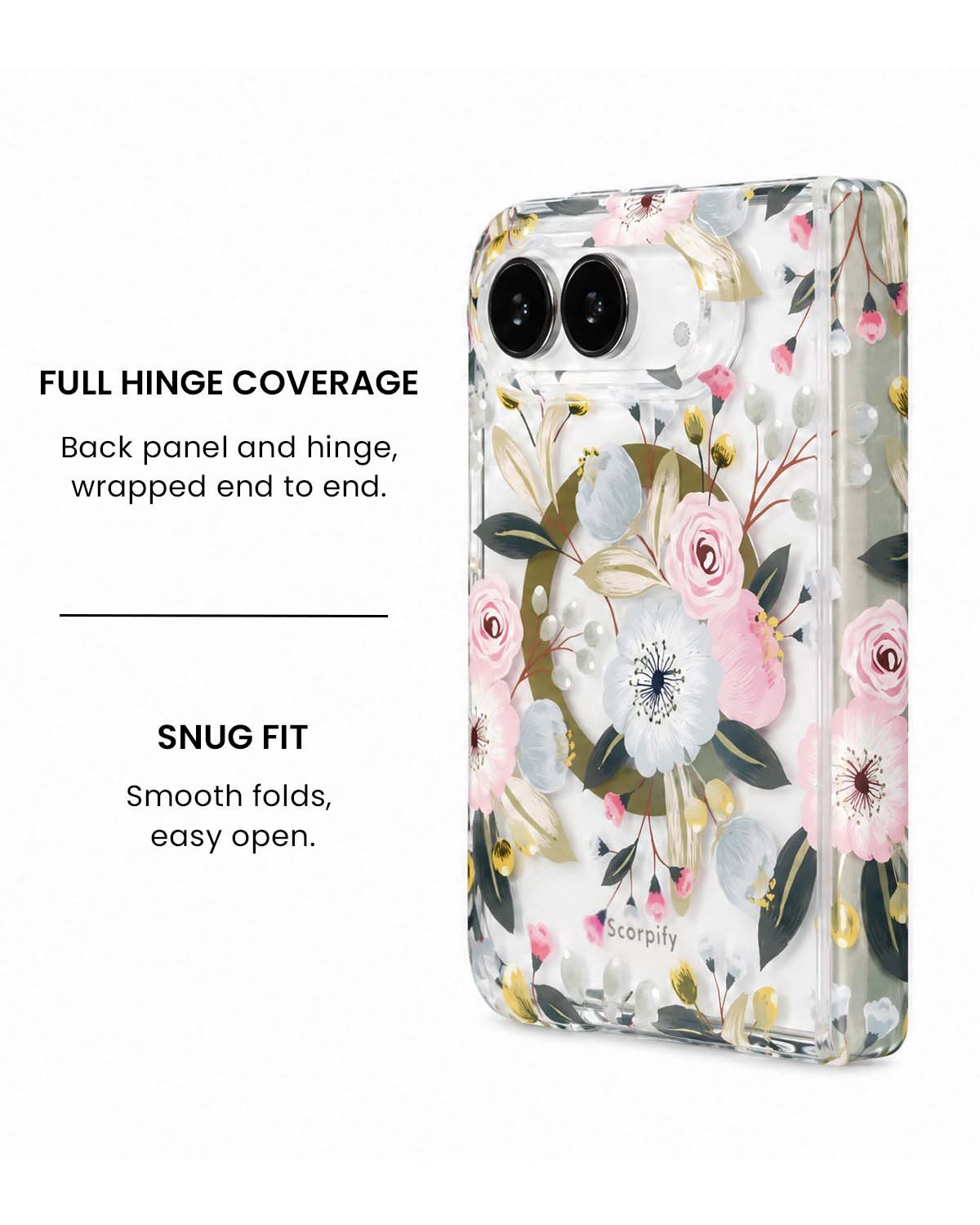 Full hinge coverage view of White hibiscus and pink rose floral wreath print iPhone Duo case