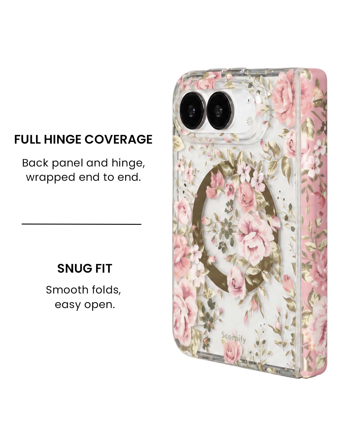 Full hinge coverage view of Pink country rose floral print iPhone Duo case