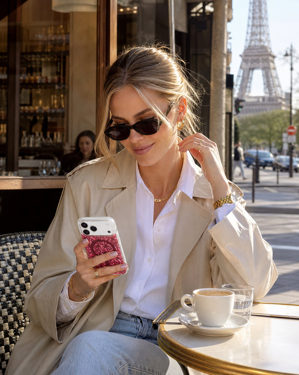 Rose Stardust iPhone Case lifestyle shot with accessories