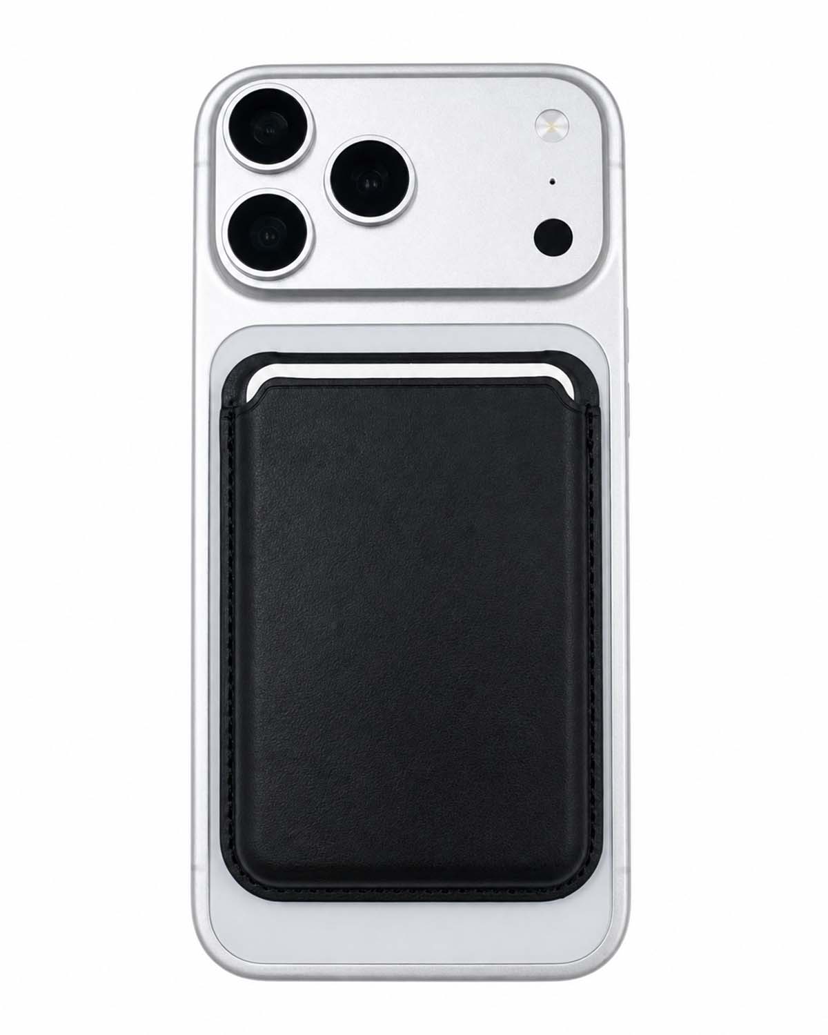 Classic black phone wallet attached below iPhone camera