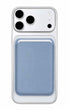 Blue lavender phone wallet attached below iPhone camera