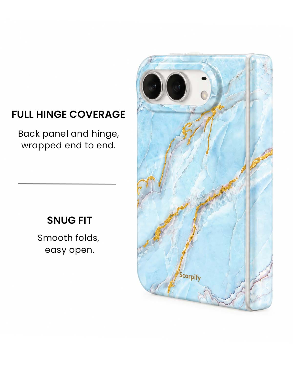Full hinge coverage view of Icelandic blue marble print iPhone Duo case