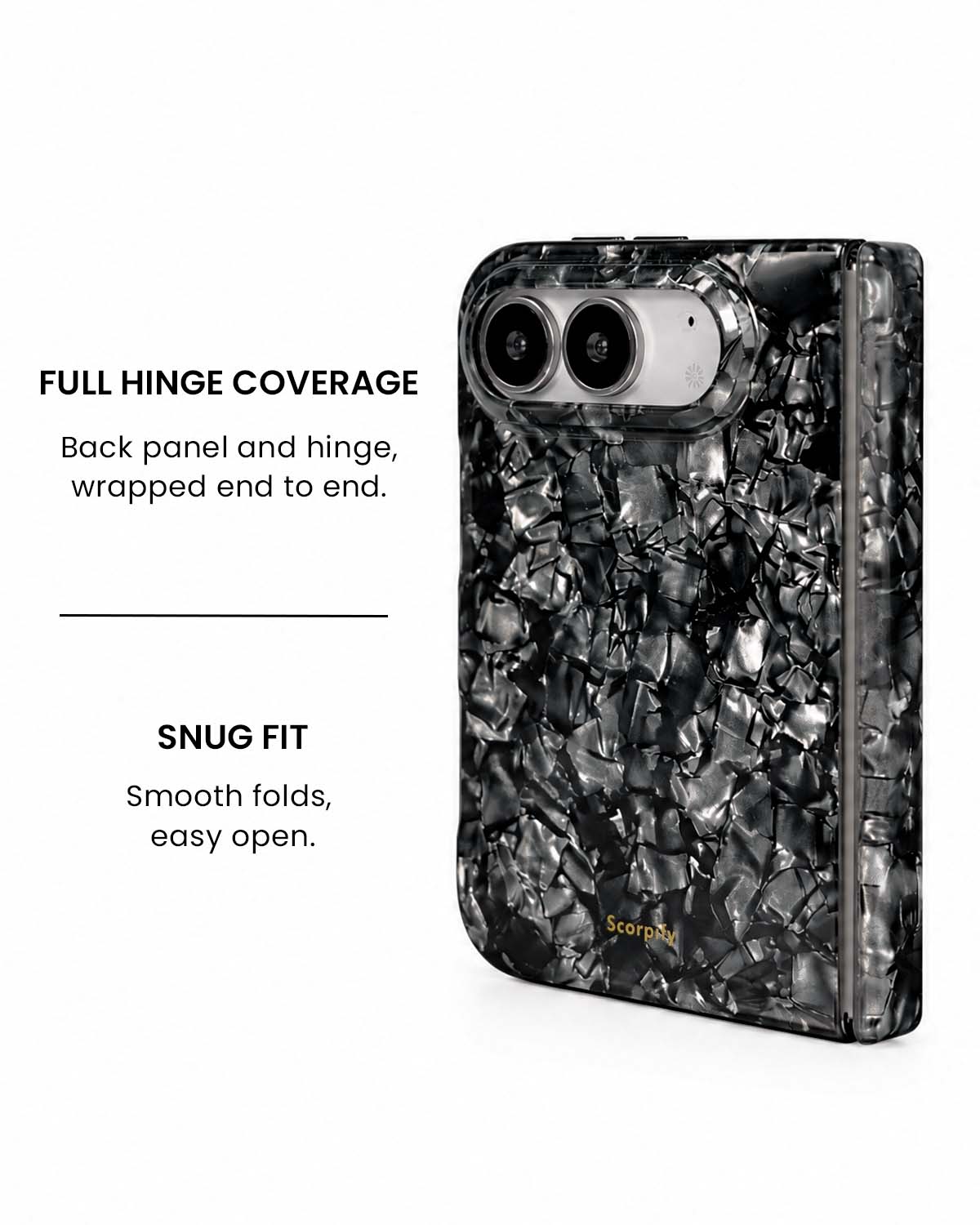Full hinge coverage view of Black mother-of-pearl shell print iPhone Duo case