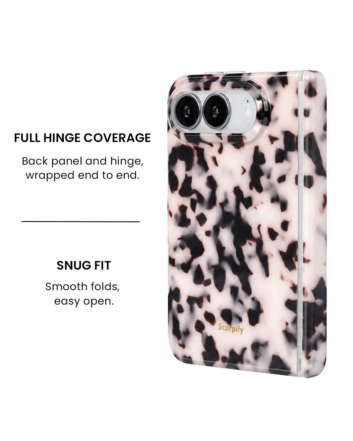 Full hinge coverage view of Pink tortoise shell print iPhone Duo case