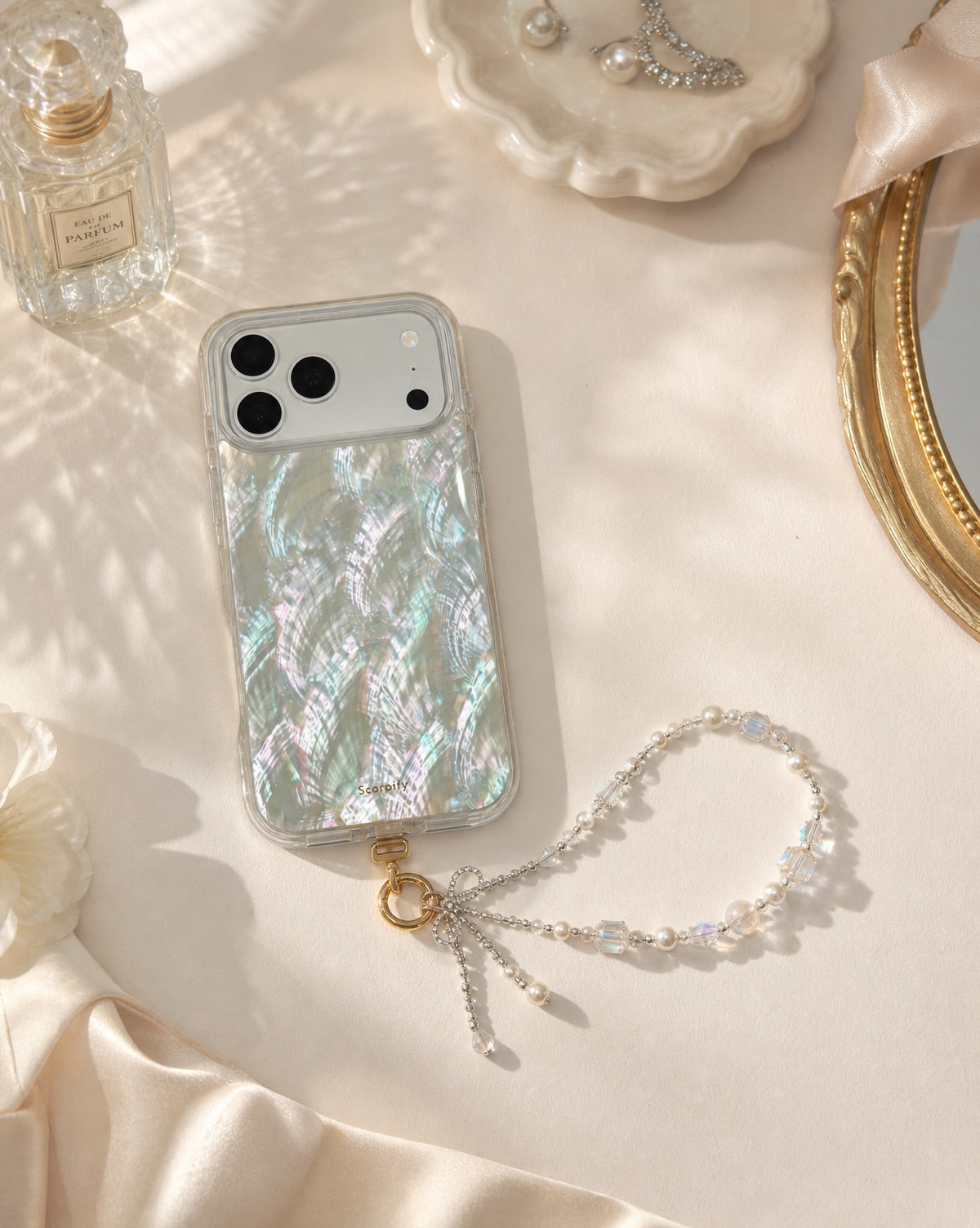 Silver Bow Pearl & Crystal Phone Charm