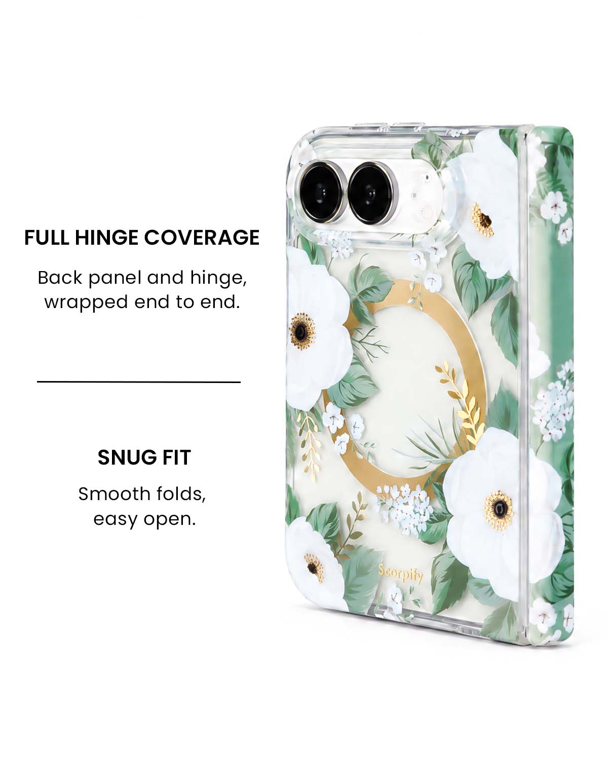 Full hinge coverage view of White rose floral print iPhone Duo case