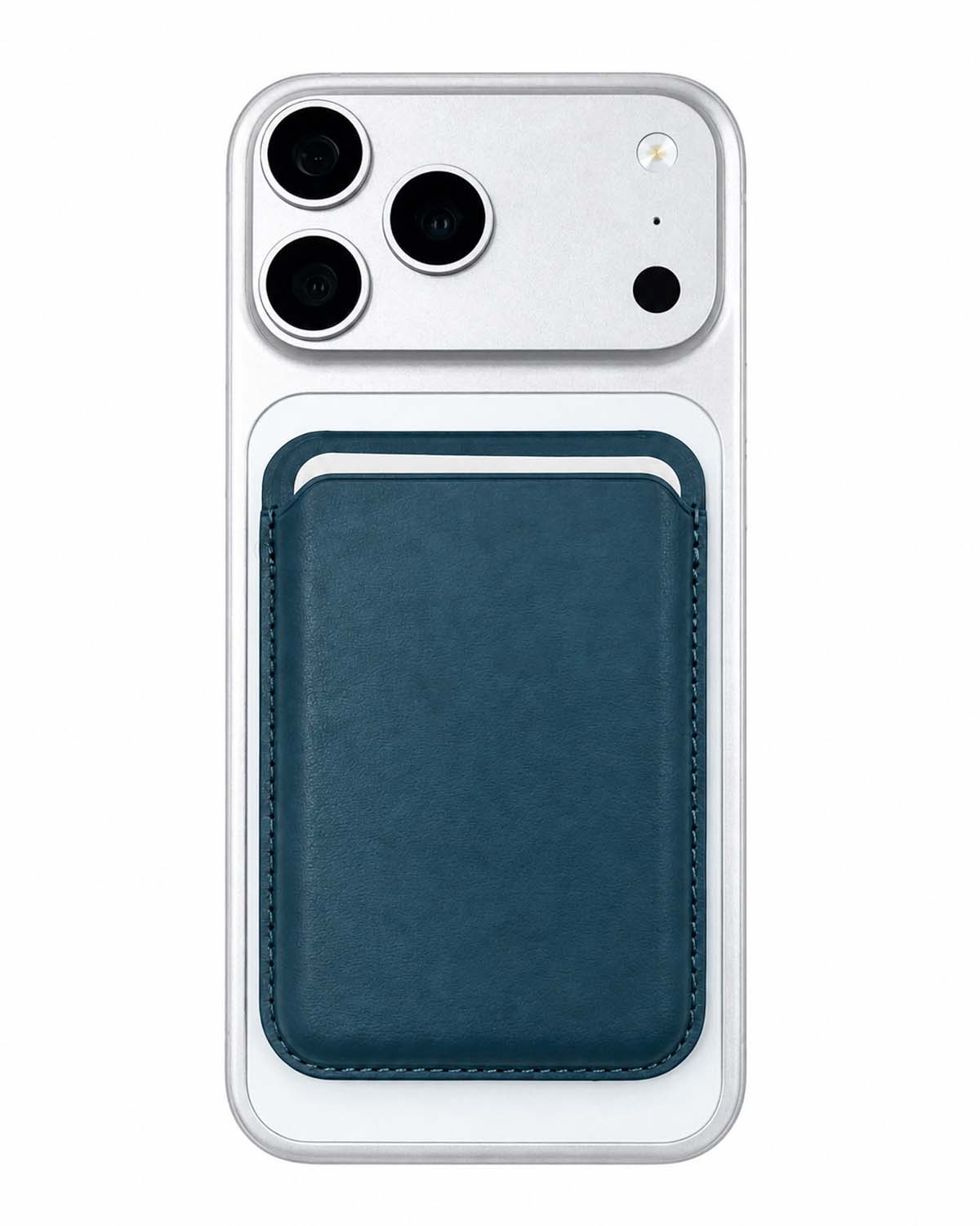 Storm blue phone wallet attached below iPhone camera