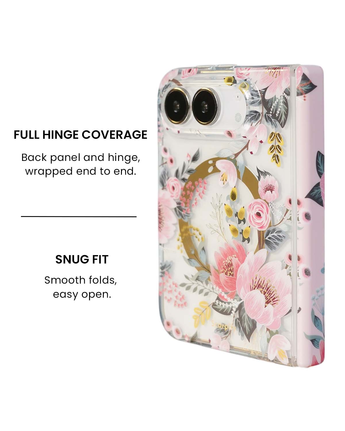 Full hinge coverage view of Pink epiphyllum floral print iPhone Duo case