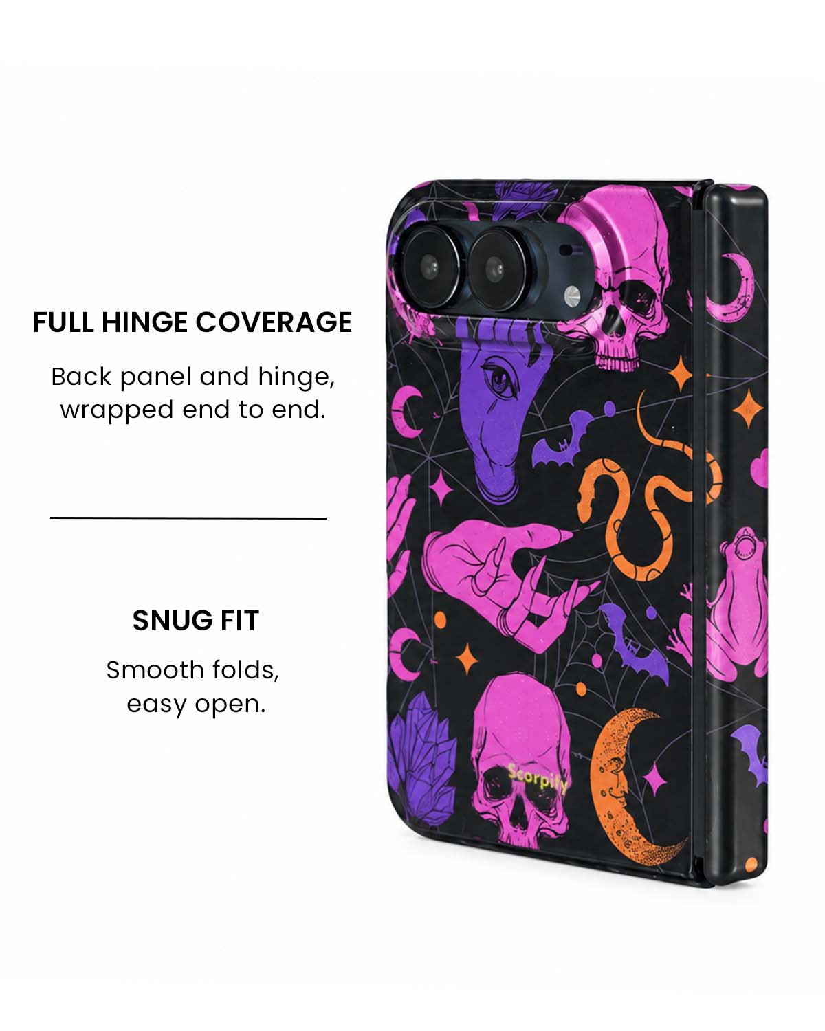 Full hinge coverage view of Phantom Carnival pink skull and bat print iPhone Duo case