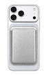 Metallic silver phone wallet attached below iPhone camera	