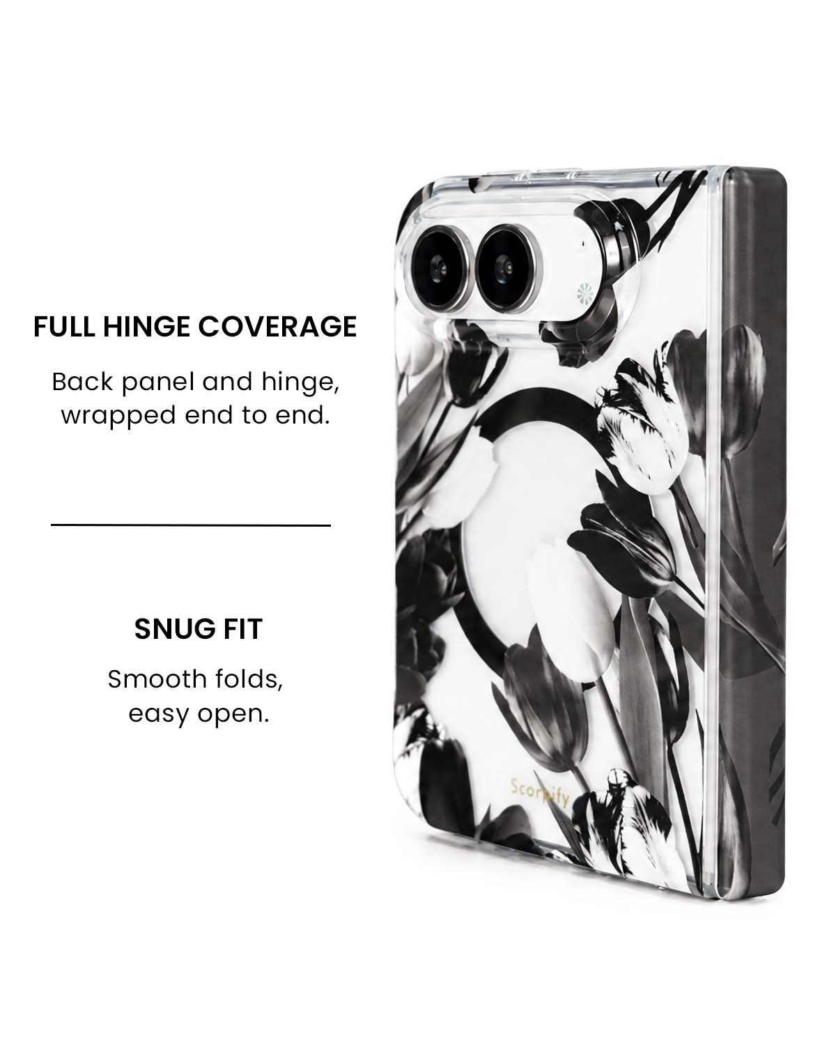 Full hinge coverage view of Black tulip floral print iPhone Duo case