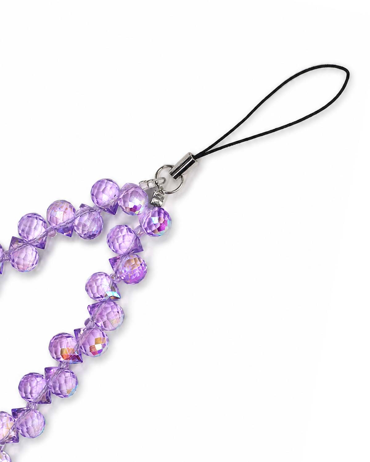 Phone charm strap with glossy purple teardrop beads