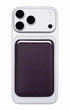 Dark cherry phone wallet attached below iPhone camera