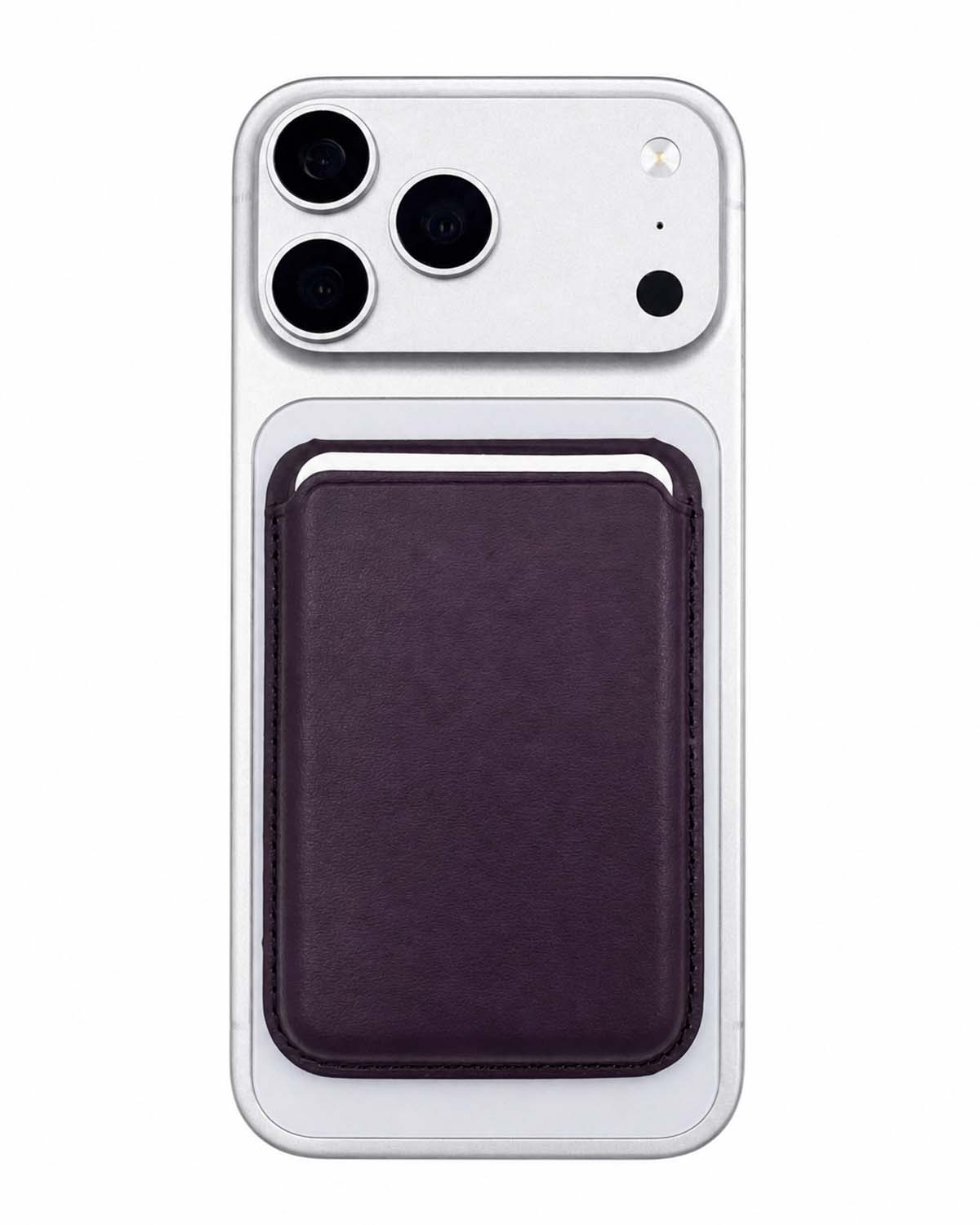 Dark cherry phone wallet attached below iPhone camera