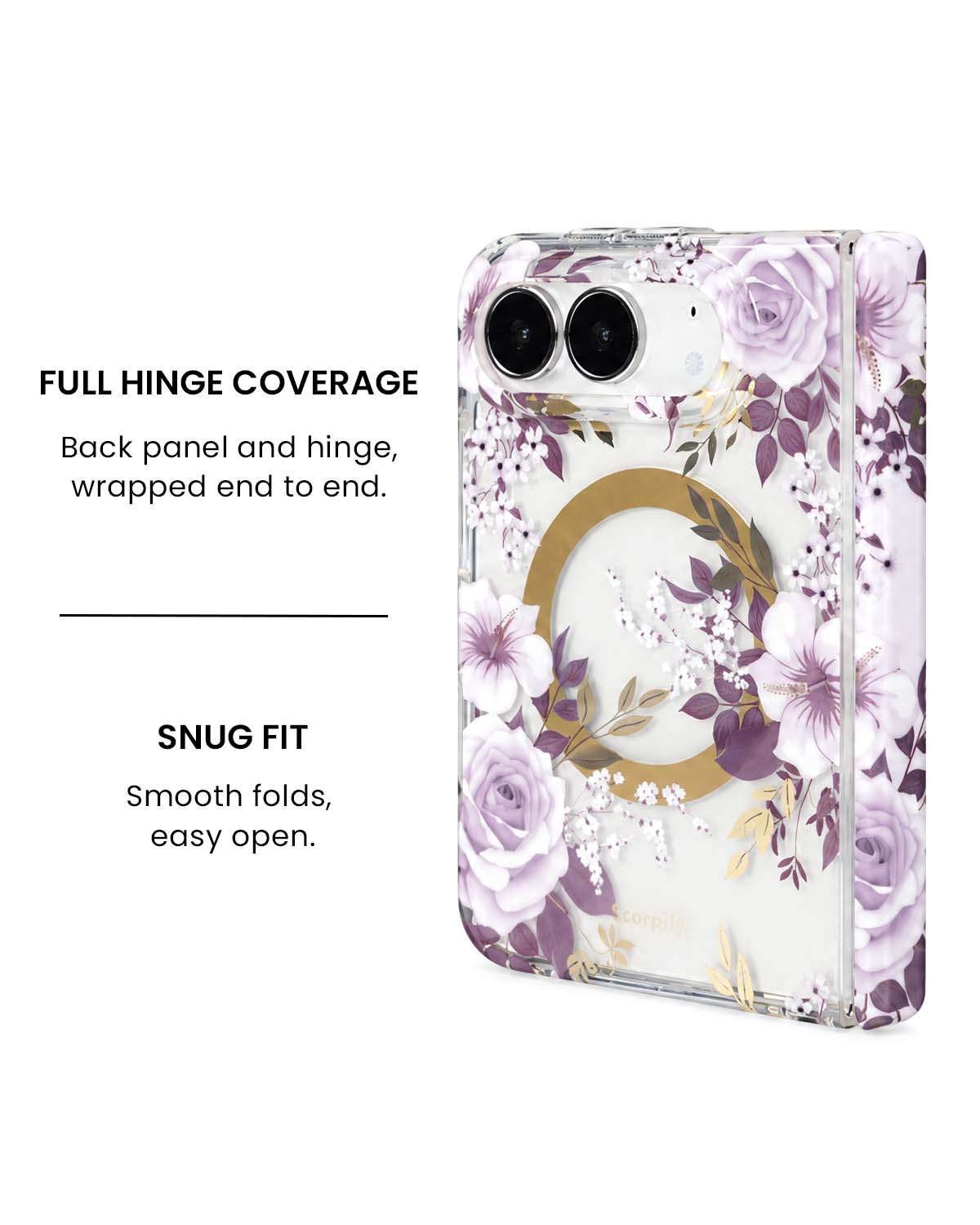 Full hinge coverage view of Purple hibiscus and rose floral print iPhone Duo case
