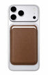 Classic brown phone wallet attached below iPhone camera