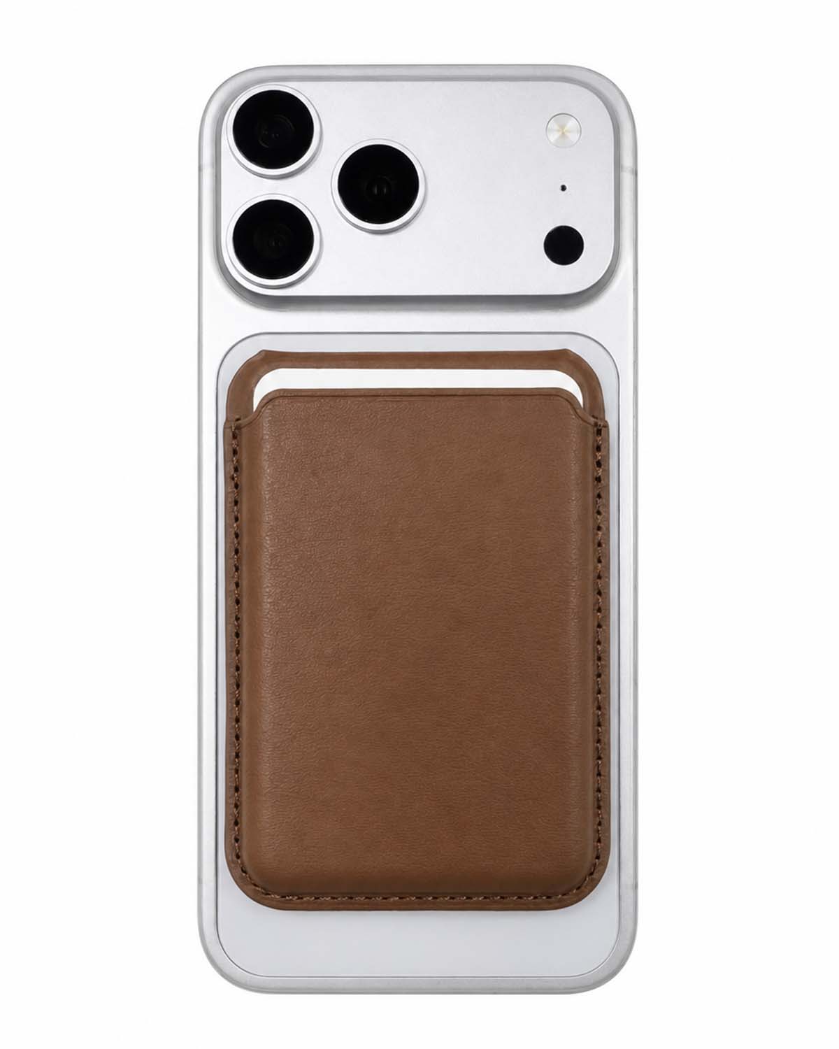 Classic brown phone wallet attached below iPhone camera