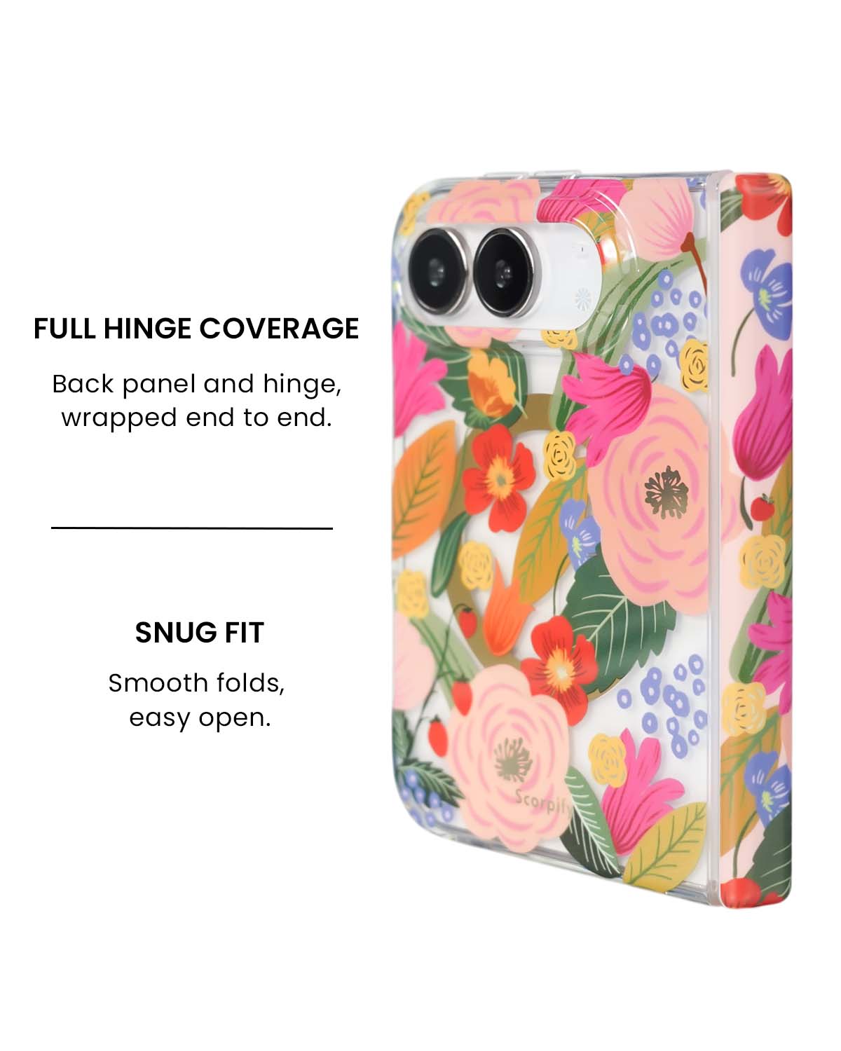 Full hinge coverage view of Camellia blossom floral print iPhone Duo case