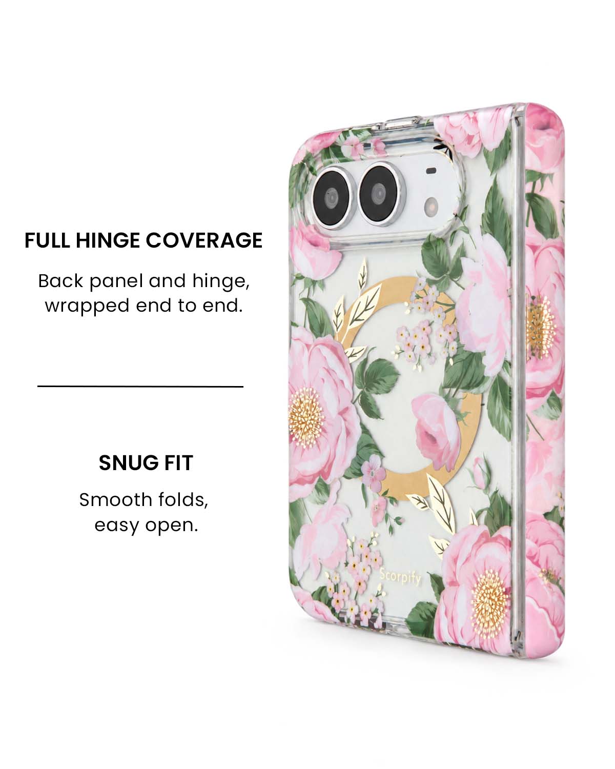 Full hinge coverage view of Pink peony floral print iPhone Duo case