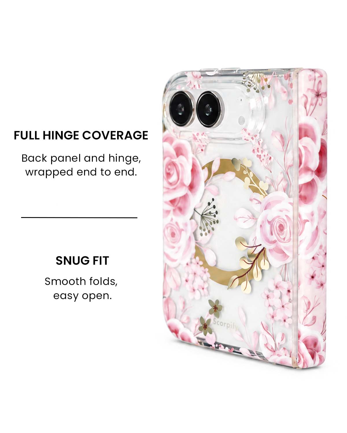 Full hinge coverage view of Pastel pink rose floral print iPhone Duo case