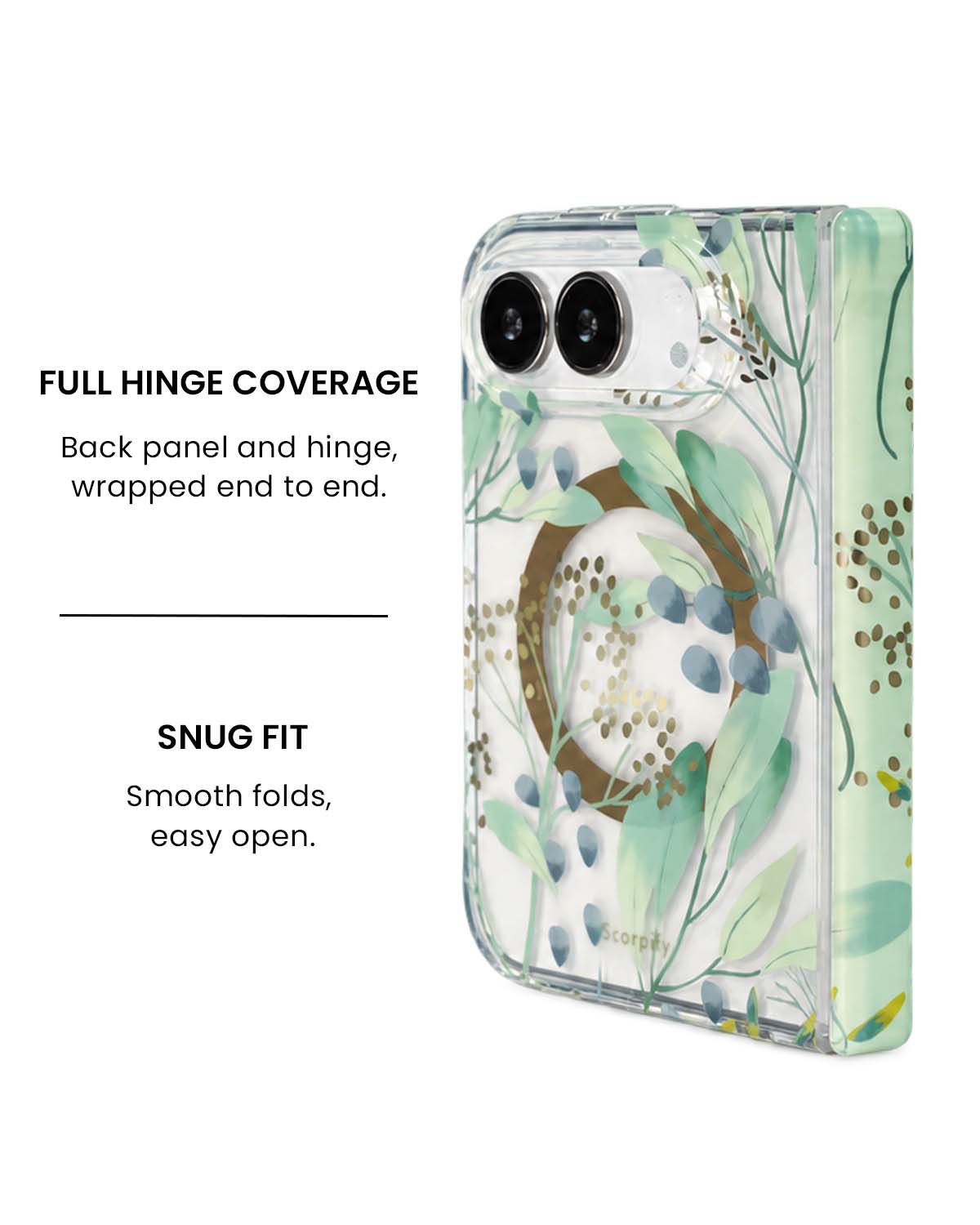 Full hinge coverage view of Summer Meadow green botanical print iPhone Duo case