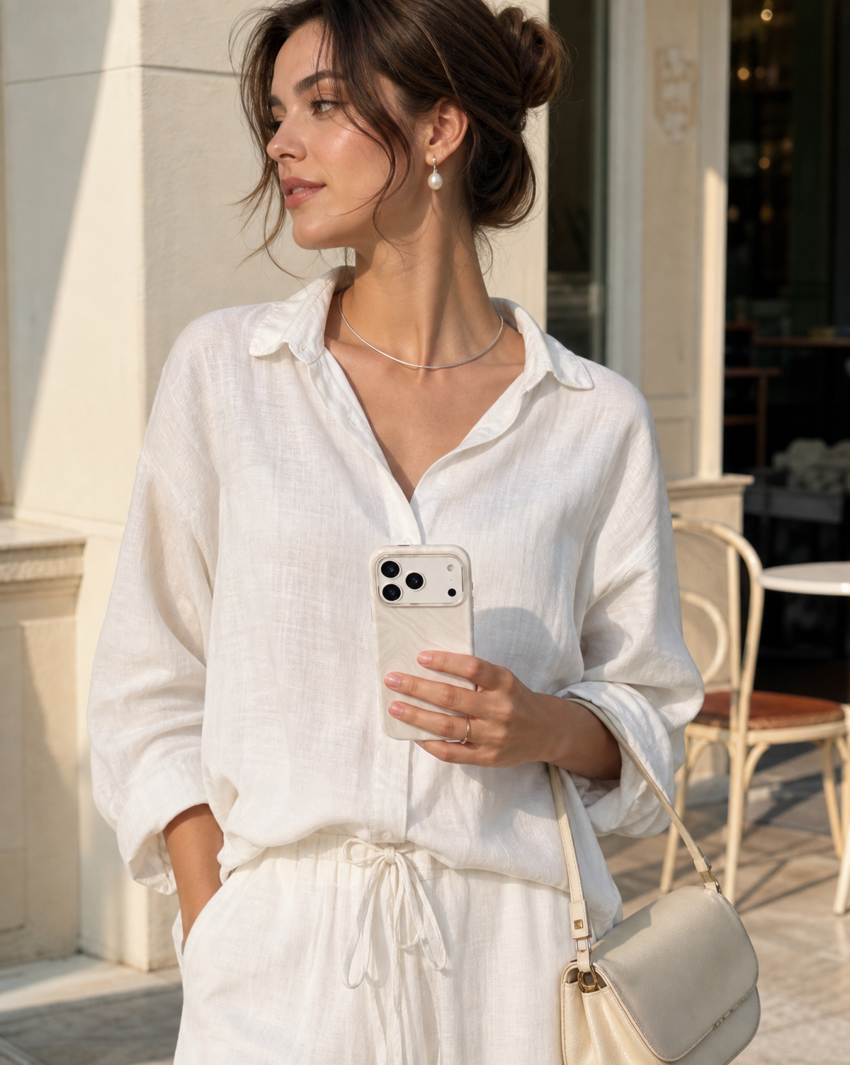 Woman in white outfit holding ivory swirl leather phone case