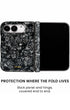 Back panel and hinge protection view of Black mother-of-pearl shell print iPhone Duo case