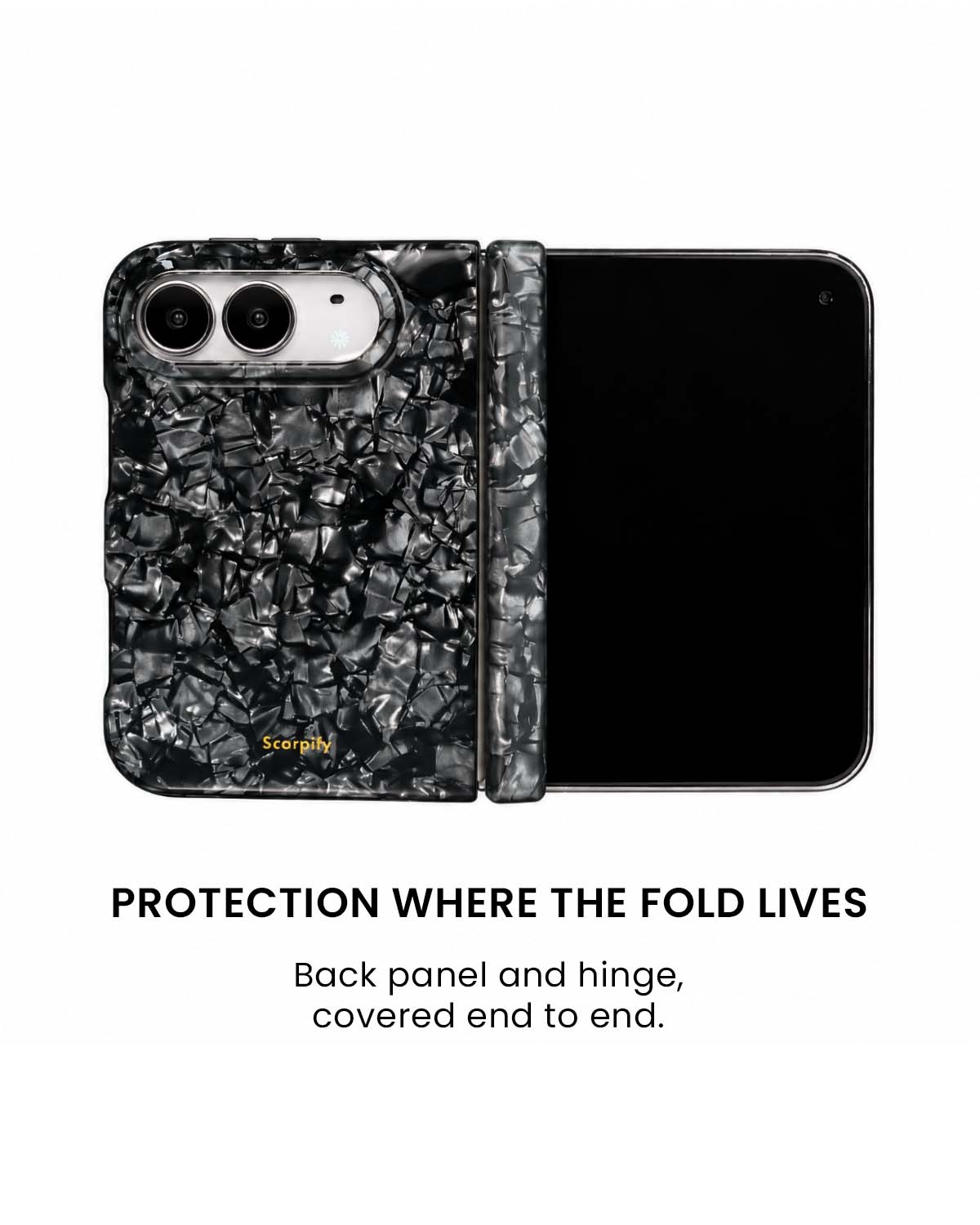 Back panel and hinge protection view of Black mother-of-pearl shell print iPhone Duo case