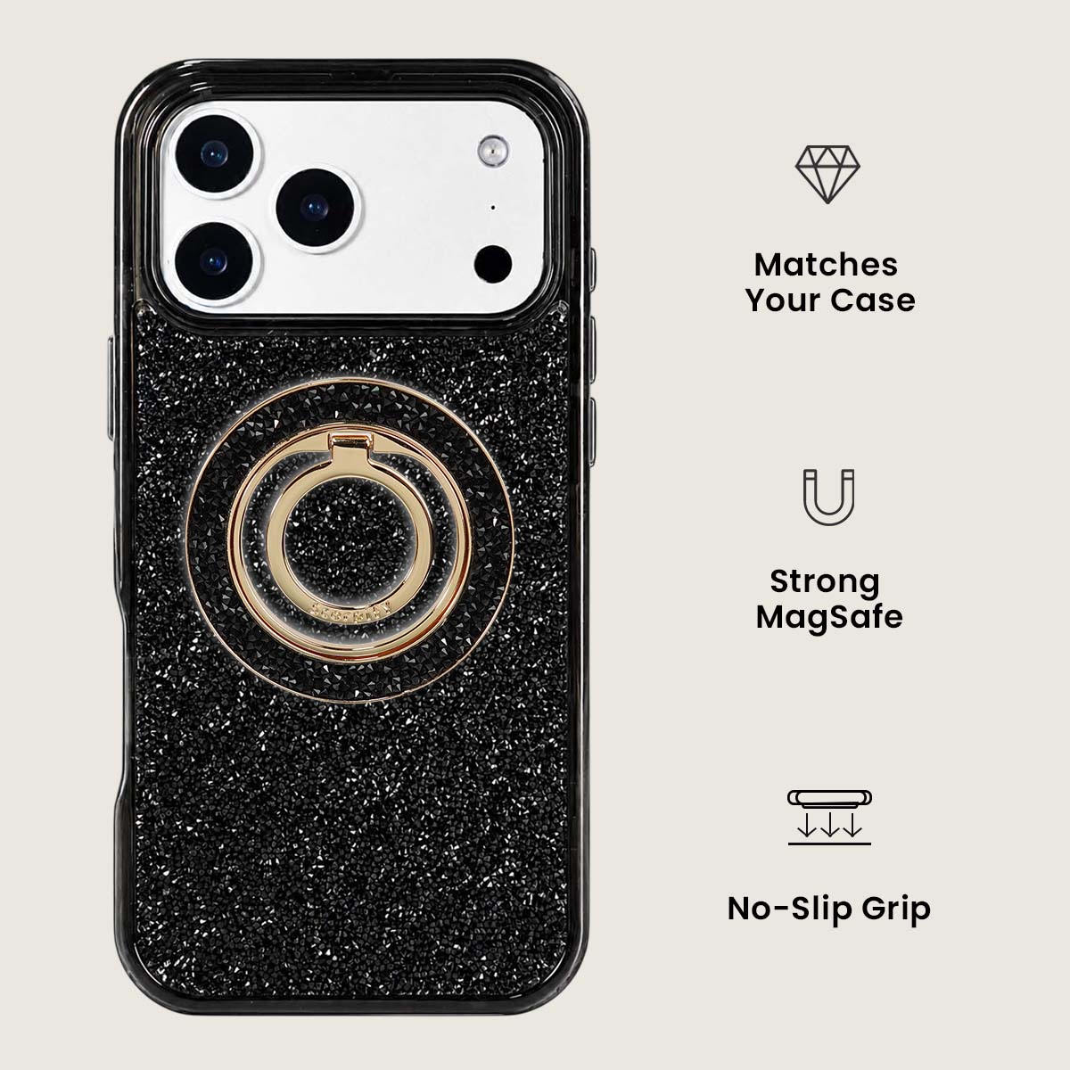 Noir Crystal Radiance Ring Holder attached to phone case